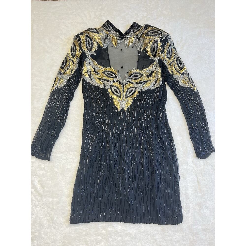 Lillie Rubin Vintage Silk Embellished Beaded Evening Cocktail Party Dress M Med